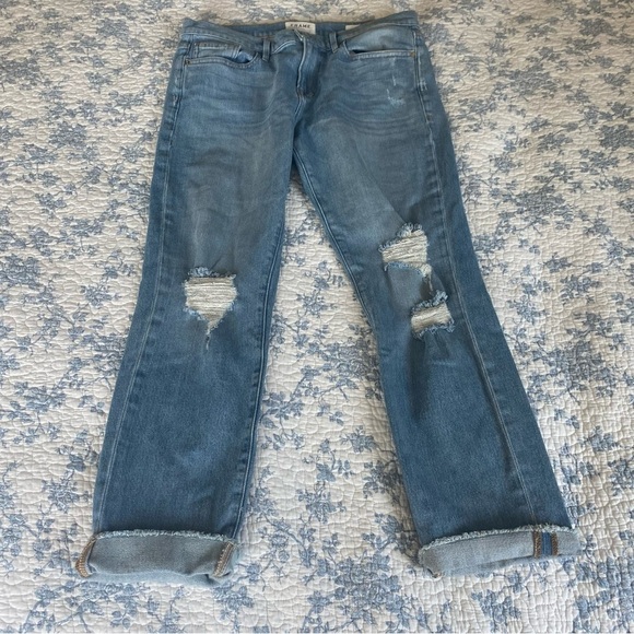 FRAME Denim Le Boy Light Wash High-Rise Straight Leg Distressed Jean Size 29 - Picture 1 of 11